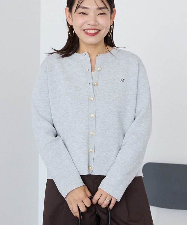 AMERICAN HOLIC ワンポイントロゴクルーカーディガン Gray Mixture