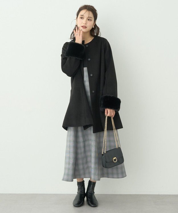 earth music&ecology ファーカフスノーカラーコート ブラック