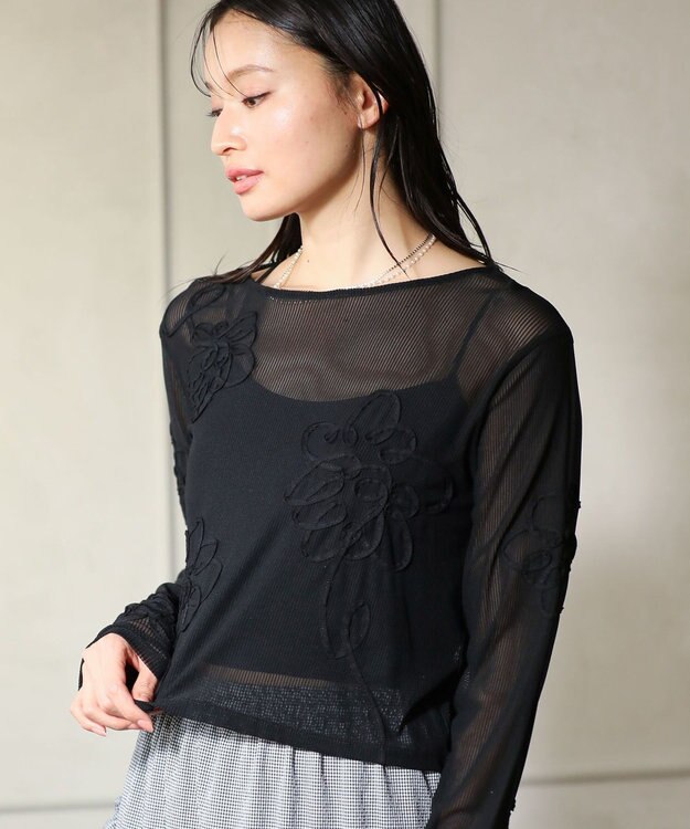 Green Parks ・ＥＬＥＮＣＡＲＥ　ＤＵＥ　コード刺繍シアーロンＴ Black