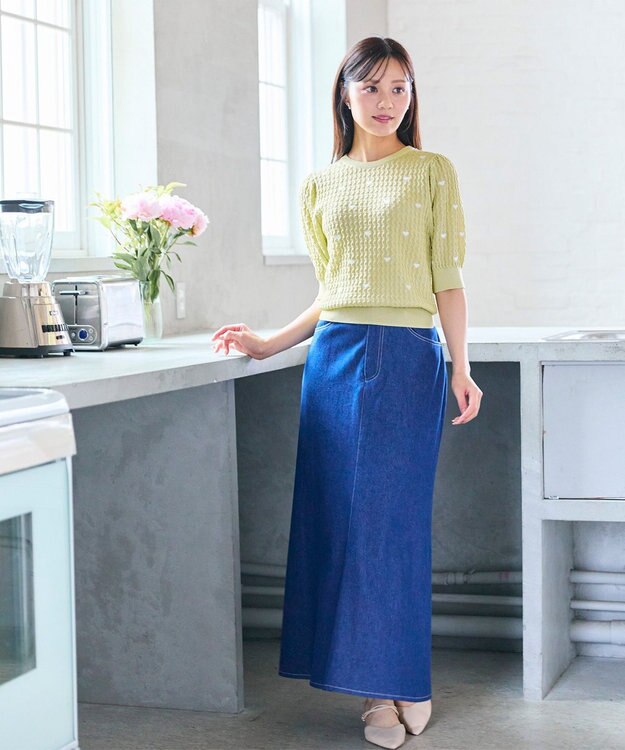 Feroux 【洗える】ハーフスリーブ ハート刺繍 ニット ライトイエロー系