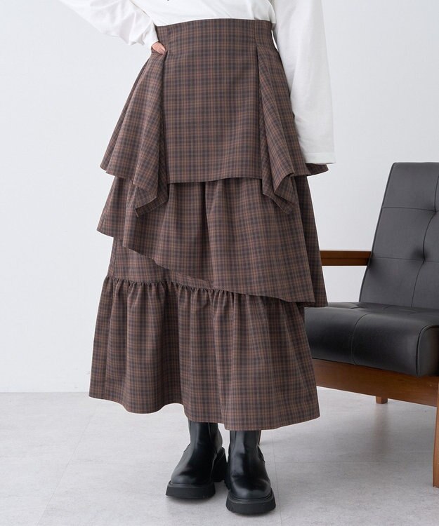 earth music&ecology ハイウエストランダムティアードチェックスカート Check Brown