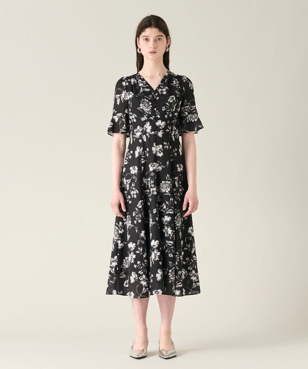 GRACE CONTINENTAL フラワープリントフレアワンピース ブラック