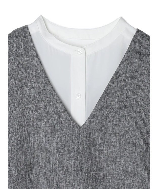 Green Parks ＳＥＴ２点Ｖネックベスト＋７分袖ミディシャツワンピース Gray Mixture