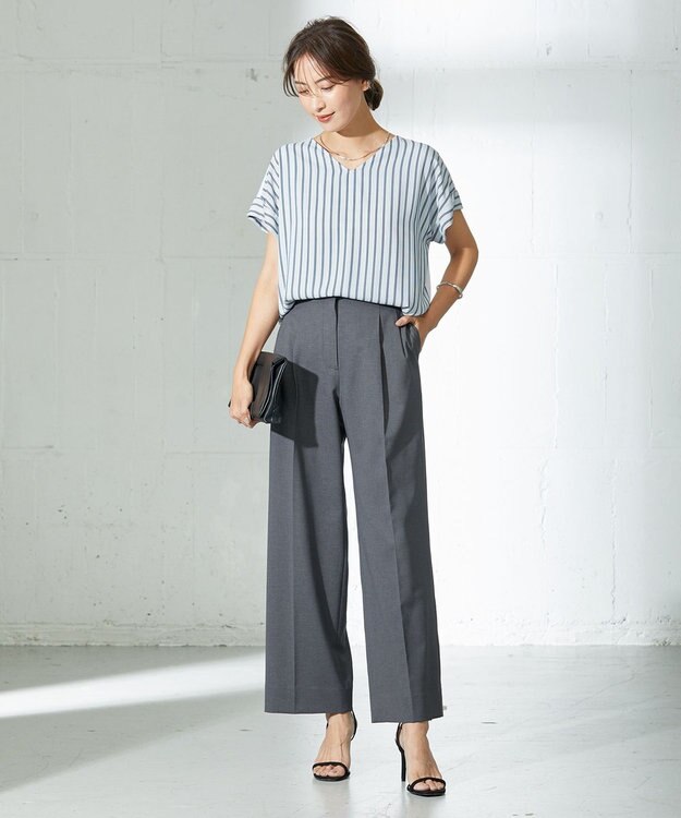 ICB 【洗える】 LinenLikeOx ワイドストレートパンツ グレー系