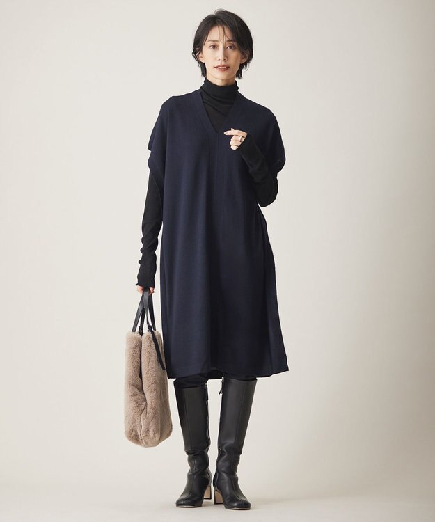 ICB L 【洗える】コンパクトウール ニットチュニック ネイビー系