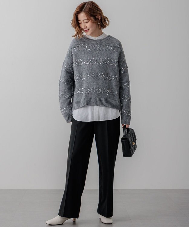 23区 L 【滝沢眞規子さん着用/一部店舗限定】スパングルボーダー ニット ライトグレー系