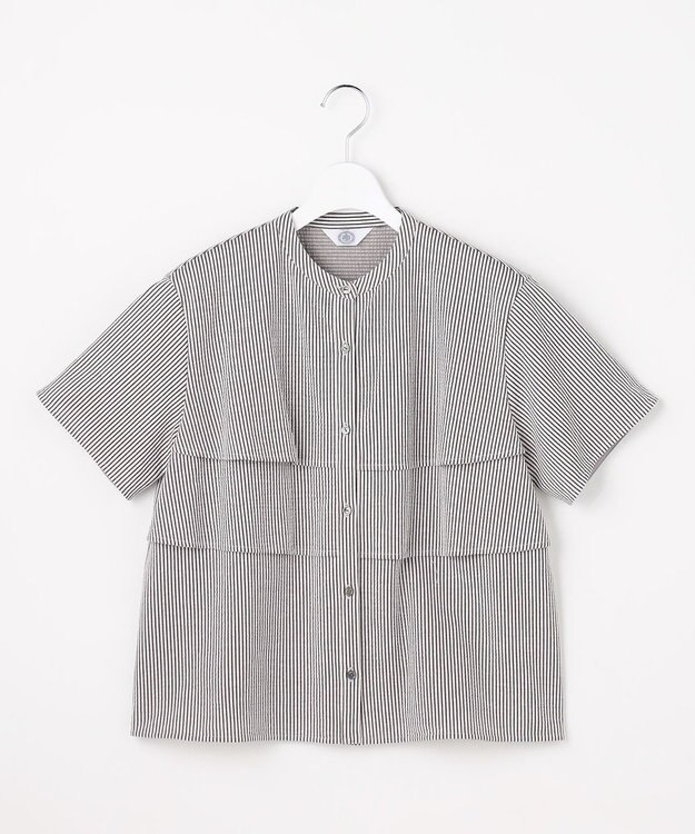 J.PRESS LADIES 【一枚で着映え】サッカージャージー バンドカラー カットソー スレートブラウンストライプ系1