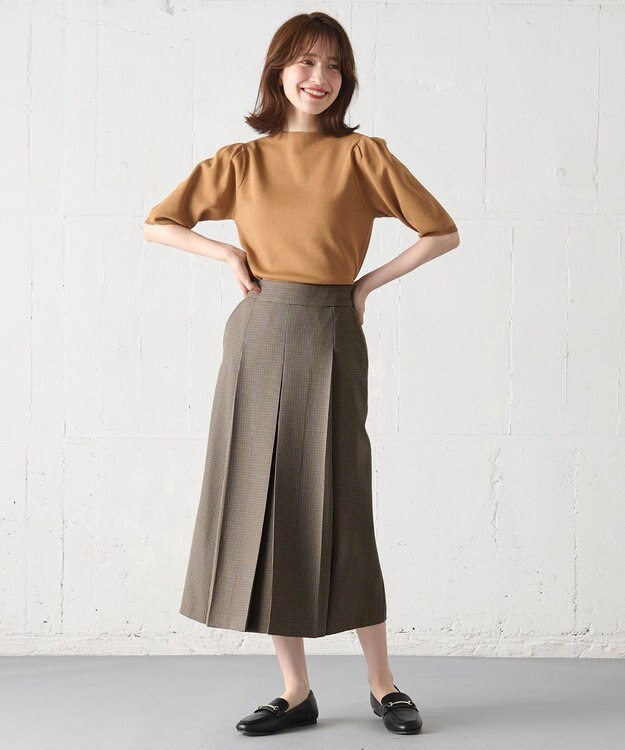 ANY 【洗濯機可能/ウエストゴム/ポケット付】ウーリッシュフラノボックスプリーツスカート ベージュ ガンクラブ