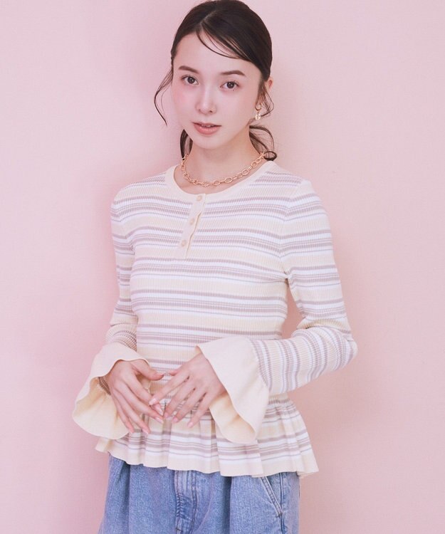 earth music&ecology ペプラムニットプルオーバー Border Yellow