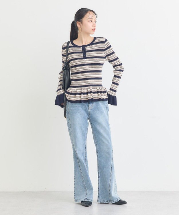 earth music&ecology ペプラムニットプルオーバー Border Navy