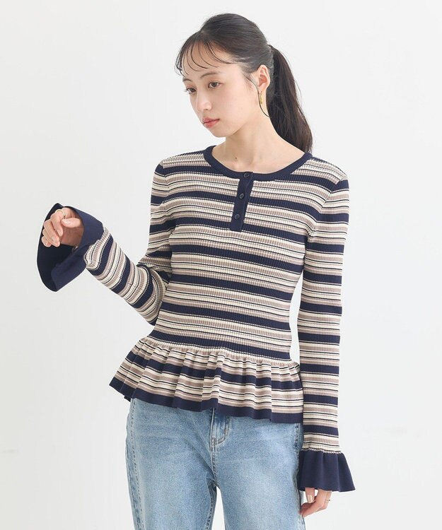 earth music&ecology ペプラムニットプルオーバー Border Navy