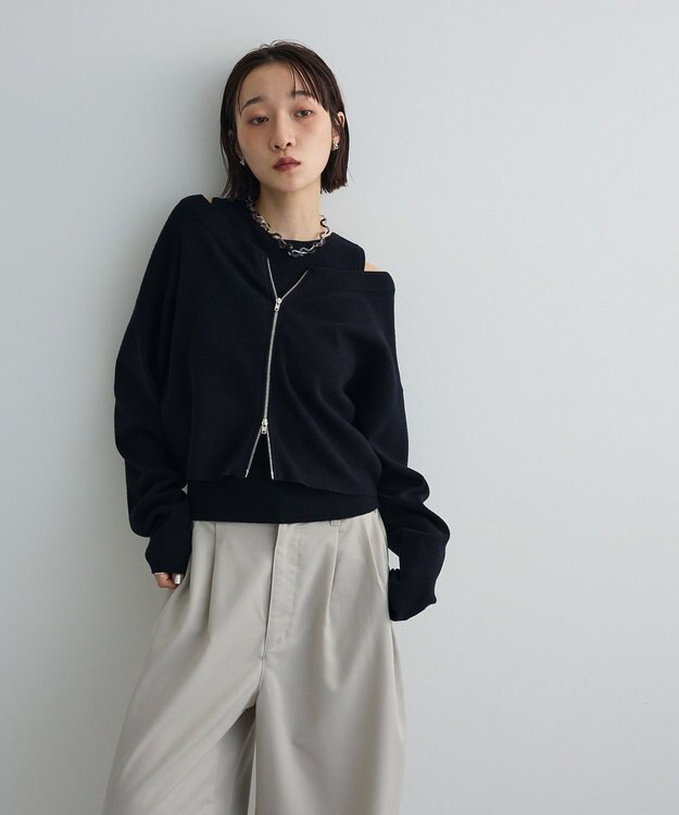 Green Parks SET2点Zipニットカーディガン+アメスリタンク Black