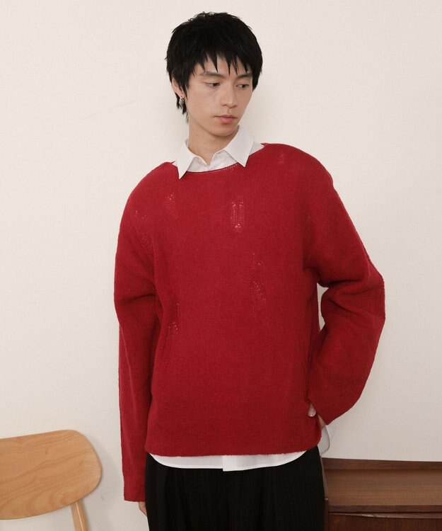 WEGO ダブルガーゼダメージプルオーバー レッド