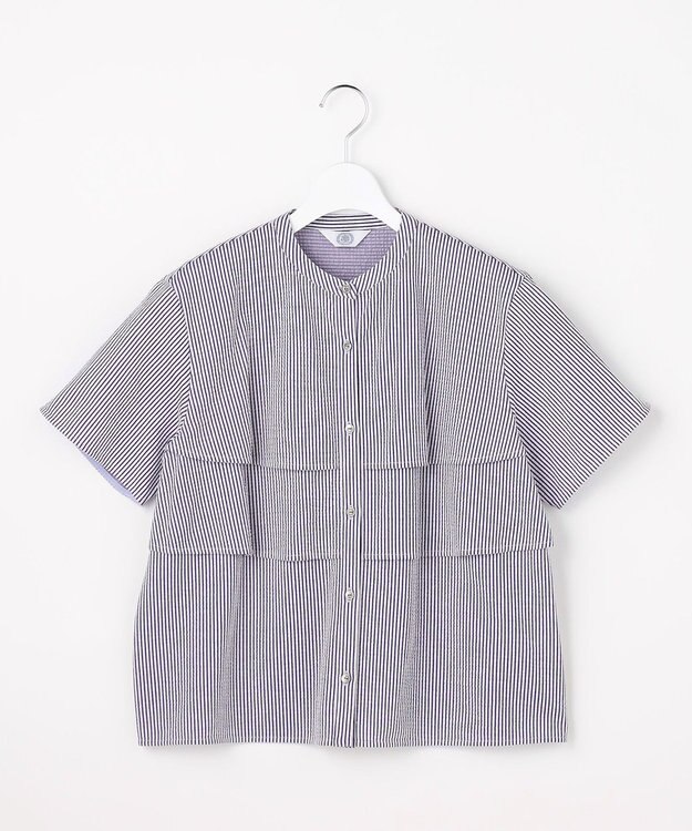 J.PRESS LADIES 【一枚で着映え】サッカージャージー バンドカラー カットソー ネイビーストライプ系1