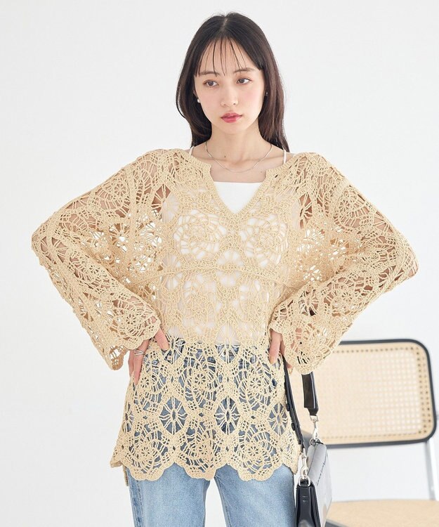 earth music&ecology クロシェ風プルオーバー Light Yellow