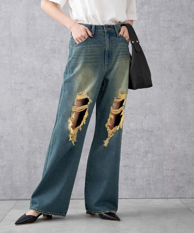 WEGO ヴィンテージウォッシュダメージデニムパンツ デニム中濃加工色