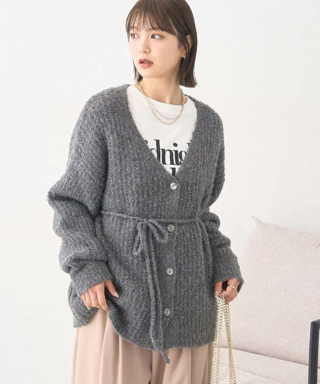 earth music&ecology 【ベルト付き】ＭＩＸカラーブークレカーディガン Charcoal Gray