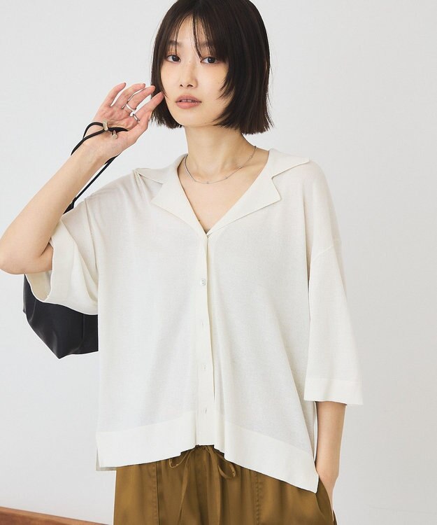 AMERICAN HOLIC 襟付き5分袖ニットカーディガン Off White