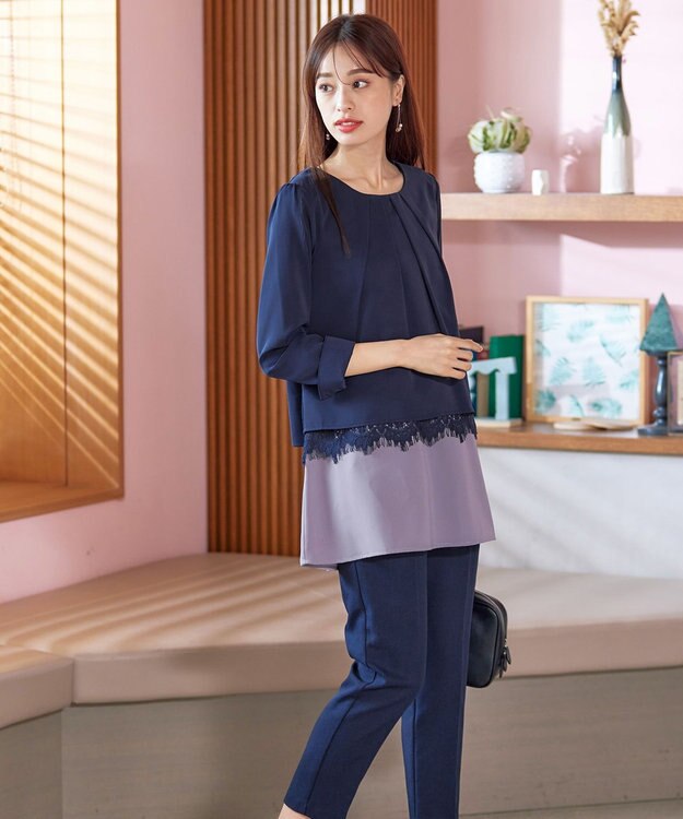 Tiaclasse 【洗える】センタープレス テーパードパンツ ネイビー