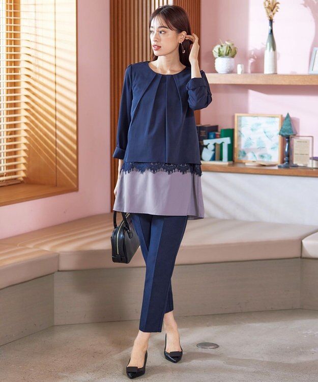 Tiaclasse 【洗える】センタープレス テーパードパンツ ネイビー