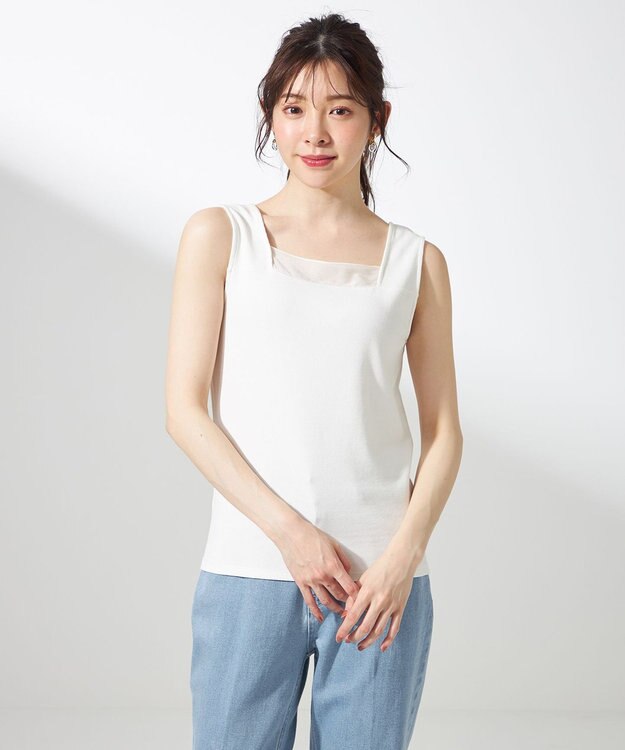 ANY SIS 【洗える】シアーコンビスクエアネック タンクトップ オフ