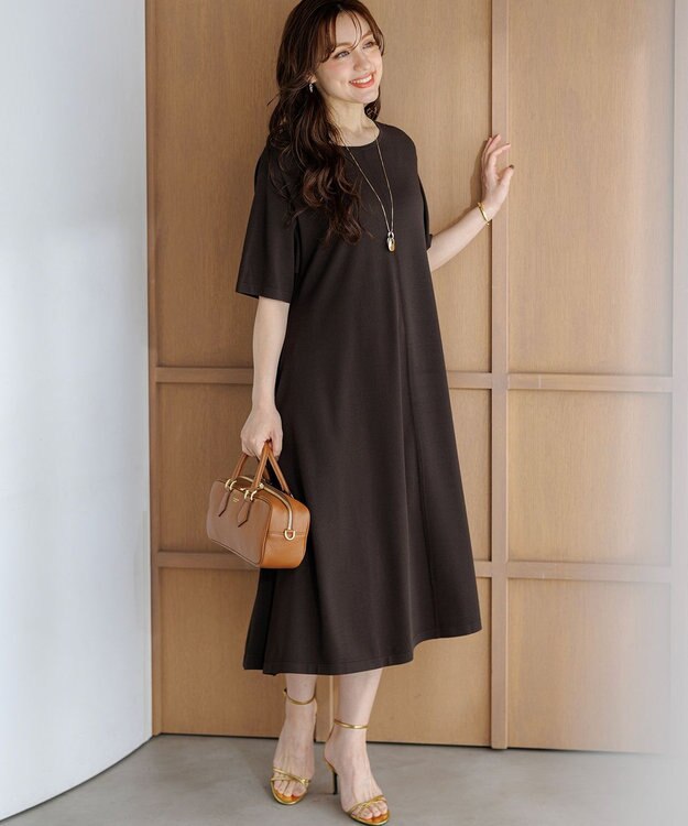 23区 L 【先行予約/Lサイズ限定】レーヨンポリエステルストレッチ ニット フレア ワンピース ダークブラウン系