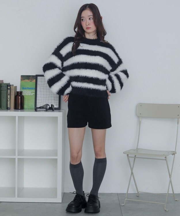 WEGO シャギーニットプルオーバー ホワイトボーダー