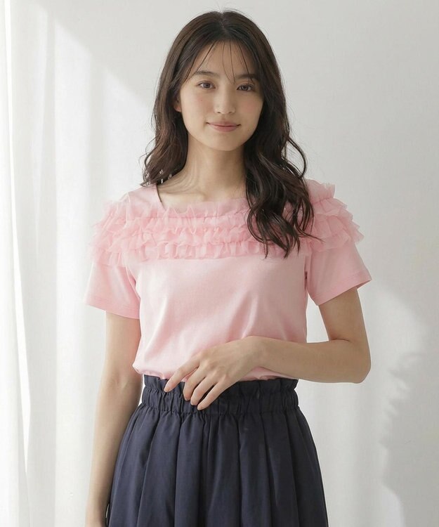 Feroux 【洗える・汗ジミが目立たない】デコルテチュール カットソー ピンク系