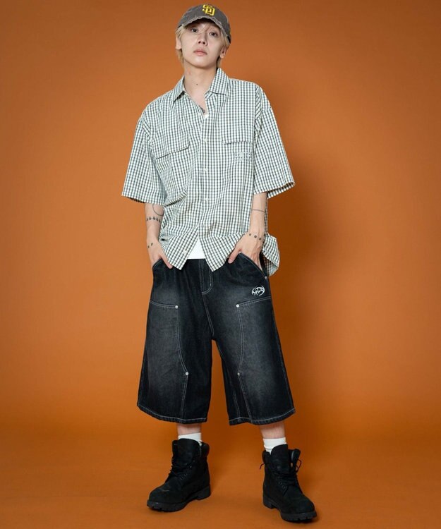 WEGO 【ユニセックス着用ITEM】ダブルニーロゴデニムショーツ デニムブラック