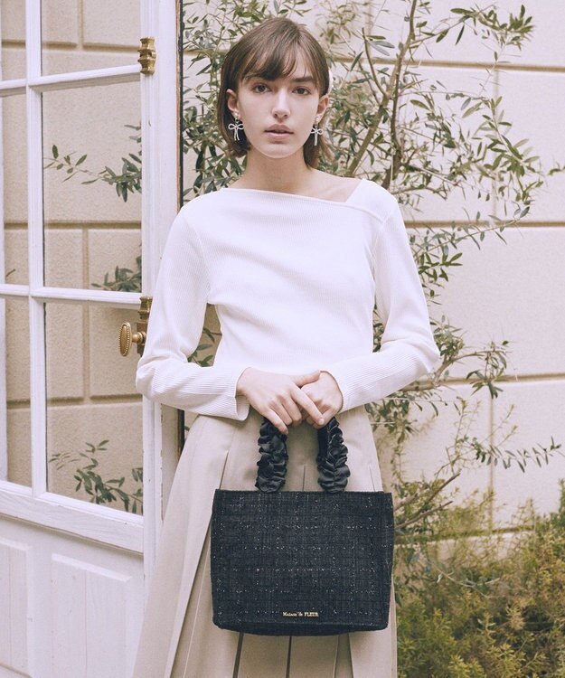 Maison de FLEUR ツイードフリルハンドルスクエアトートバッグ Black