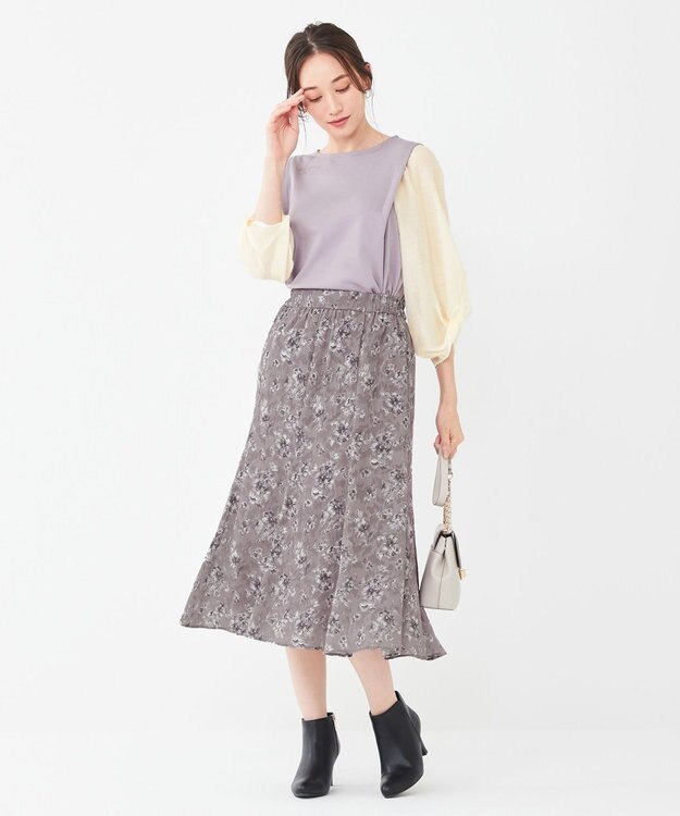 ANY SIS 【洗える】異素材コンビネジリパフ袖 プルオーバー ラベンダー×アイボリー