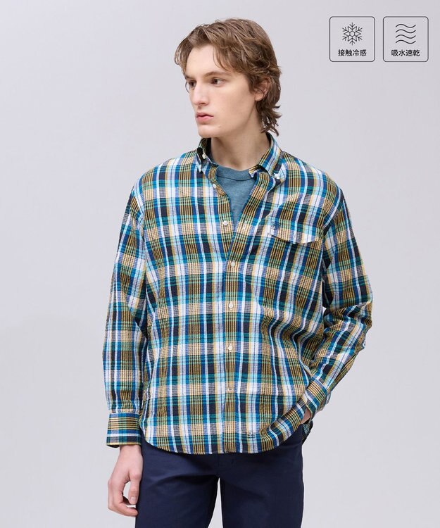 J.PRESS MEN ひんやりで品あり【吸水速乾 / 接触冷感 / 高通気性】Aero Weave クールマックス サッカー 長袖シャツ / B.D. ブルー系3