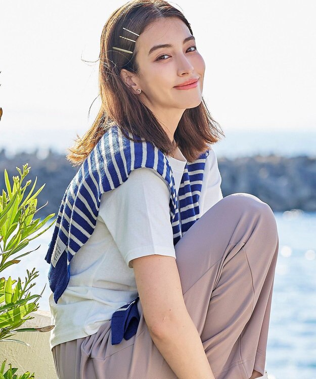 Tiaclasse 肩掛けボーダーフェイクカーデ ブルー