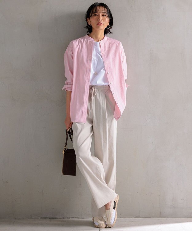 23区 S 【Oggi4月号掲載/洗える】CANCLINI バンドカラー シャツ ピンクストライプ