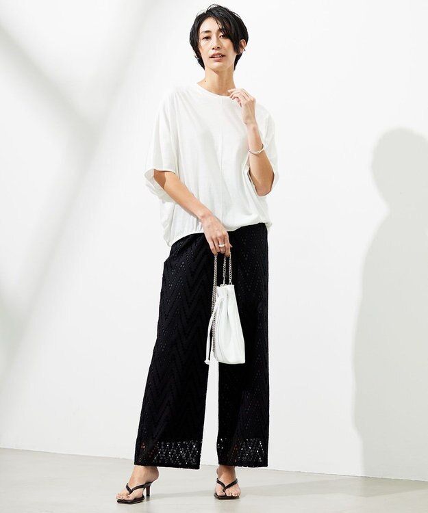 ICB 【洗える】 ヘリンボーンエンブロイダリー ワイドストレートパンツ ブラック系