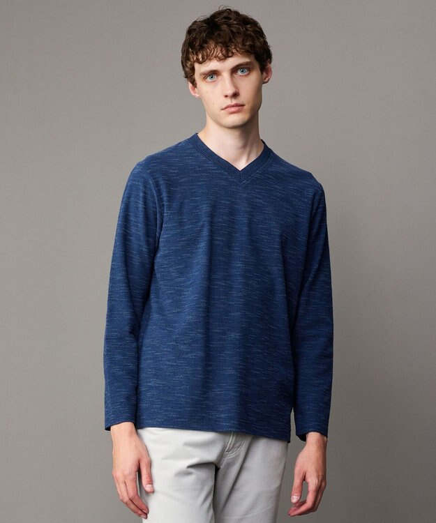 JOSEPH ABBOUD 【オーガニックコットン/JAPANファブリック】スラブインレイ Vネック 長袖 Ｔシャツ ブルー系