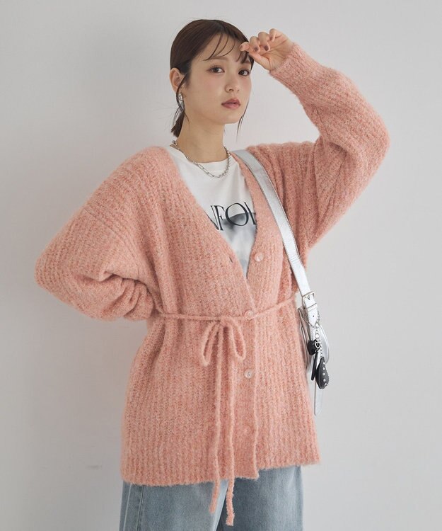 earth music&ecology 【ベルト付き】ＭＩＸカラーブークレカーディガン Pink Orange