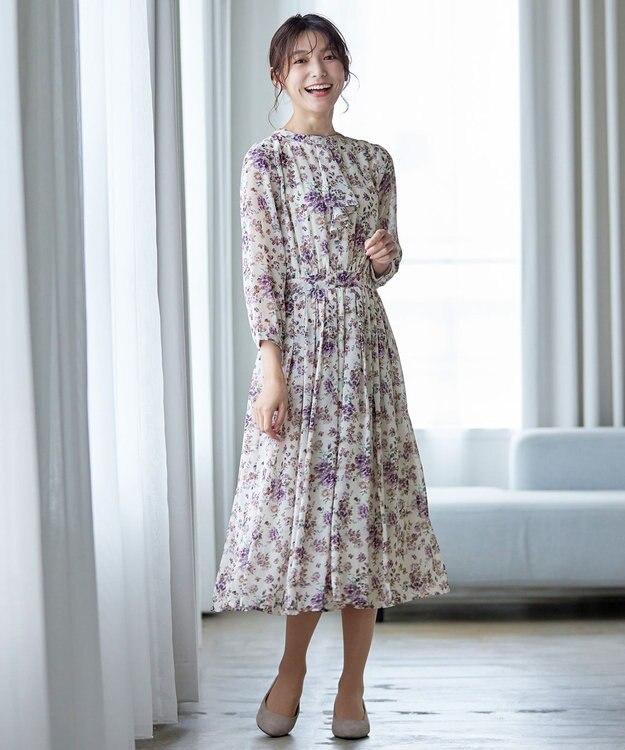 Tiaclasse 【新色追加・洗える】花柄フリルドレープワンピース パープル