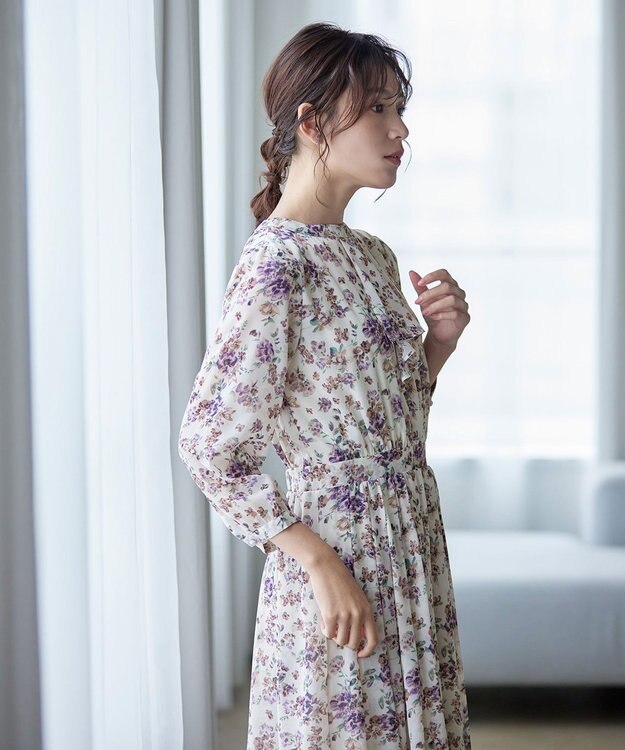 Tiaclasse 【新色追加・洗える】花柄フリルドレープワンピース パープル