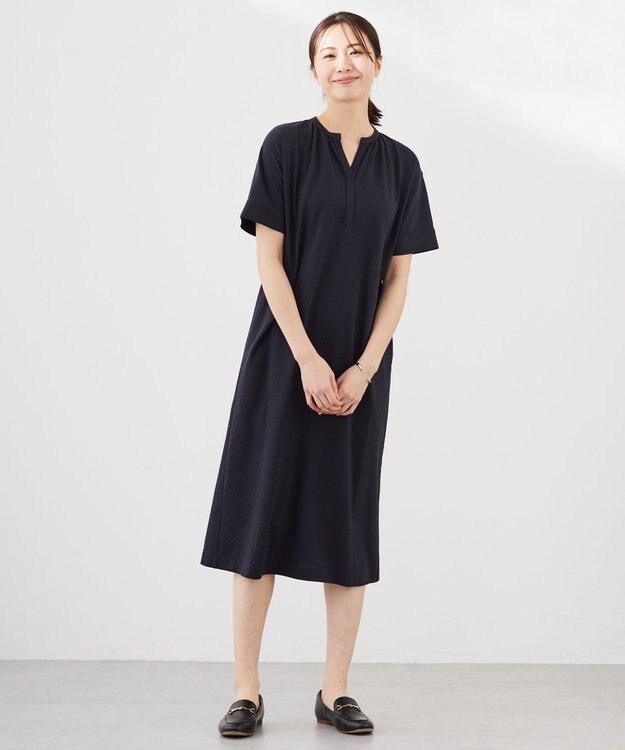 J.PRESS LADIES L 【洗える・抗菌消臭・吸水速乾】サッカージャージー ワンピース ネイビー系