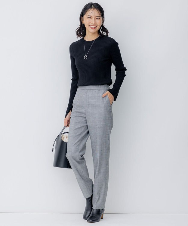 23区 【洗える】ウォームストレッチ チェック テーパード パンツ モノトーンチェック