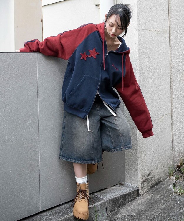 WEGO 【ユニセックス着用ITEM】ラインラグランZIPパーカー ネイビー