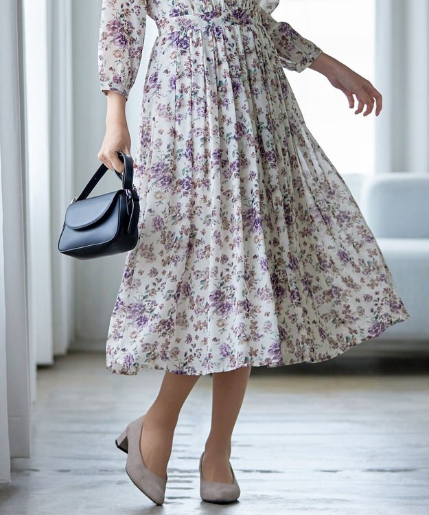 Tiaclasse 【新色追加・洗える】花柄フリルドレープワンピース パープル