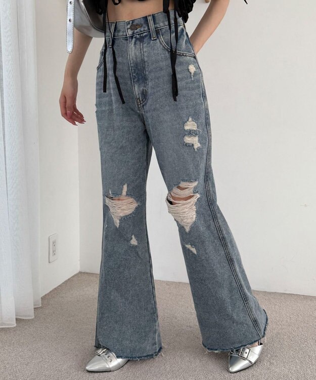 WEGO ダメージフレアデニムパンツ デニム中濃加工色