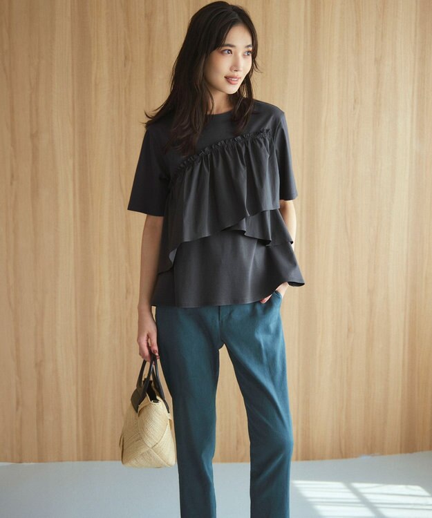 23区 【洗える】リネンレーヨンストレッチ テーパード パンツ ダークグリーン系