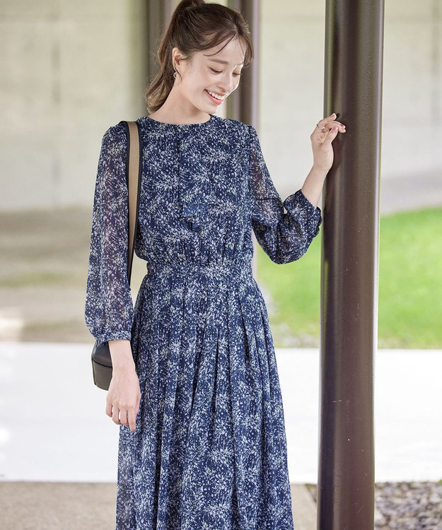 Tiaclasse L 【新色追加・洗える】花柄フリルドレープワンピース ラベンダー