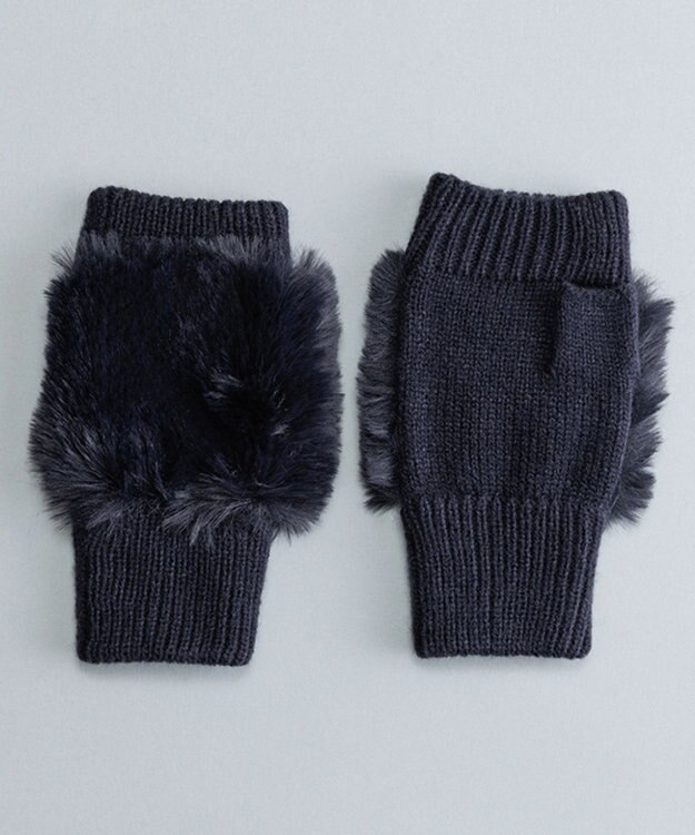 ORuKuBET フェイクファー付きフィンガーレスニットグローブ(WOMEN) ネイビー