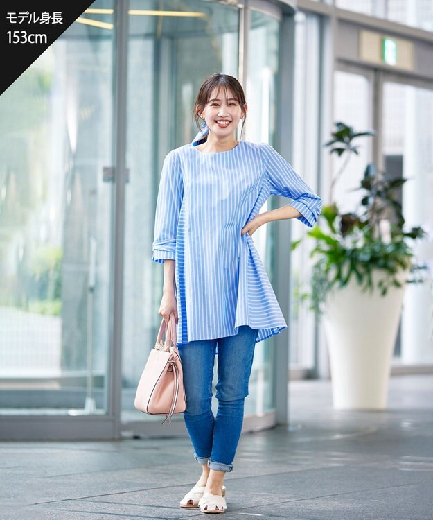 Tiaclasse 【洗える】リボンスリーブストライプチュニックブラウス サックス×オフストライプ