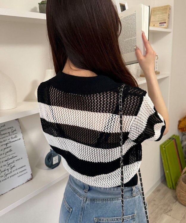 WEGO 襟付きリボンメッシュショートカーデ 柄1