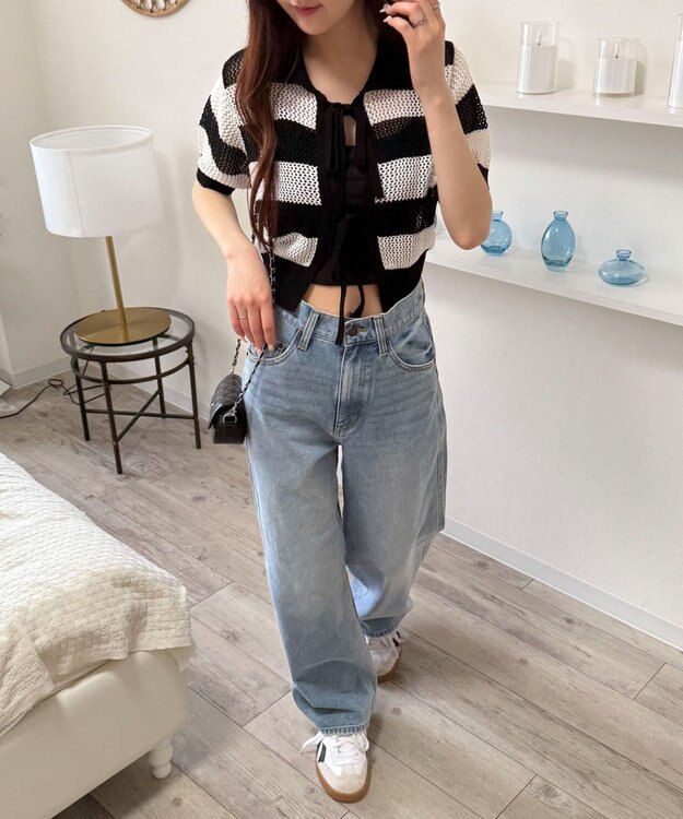 WEGO 襟付きリボンメッシュショートカーデ 柄1